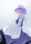  1girl apron blue_eyes blue_skirt blue_vest cowboy_shot from_side glint grey_background highres holding kanpa_(campagne_9) letty_whiterock long_sleeves looking_at_viewer one_eye_closed open_mouth purple_hair shirt short_hair skirt smile solo touhou vest waist_apron white_headwear white_legwear white_shirt 