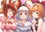  3girls :d ;) ;d animal_ears anthuria bangs black_bow blush bow breasts clarisse_(granblue_fantasy) closed_mouth collarbone commentary_request erune eyebrows_visible_through_hair fake_animal_ears gloves granblue_fantasy green_eyes hair_between_eyes hair_bow hair_ornament hair_ribbon hairclip heart highres koretsuki_azuma lips long_hair long_sleeves looking_at_viewer medium_breasts mouse_ears multiple_girls one_eye_closed open_mouth orange_hair pajamas ponytail red_eyes red_ribbon redhead ribbon short_hair silver_hair sleeveless sleeves_past_wrists smile upper_body vikala_(granblue_fantasy) white_gloves yellow_ribbon 