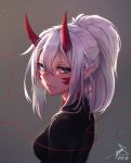  1girl artist_name black_shirt blue_eyes breasts closed_mouth dated expressionless eyebrows_visible_through_hair hair_between_eyes highres hoipus horns looking_at_viewer medium_breasts medium_hair original ponytail shirt signature silver_hair solo upper_body 