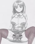  1girl android arm_support breasts damaged kashiyuki large_breasts mecha_musume medium_hair original parts_exposed raised_eyebrows solo spread_legs thigh-highs thighs upskirt 