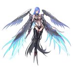  1girl bare_shoulders blue_hair blue_wings breasts claws detached_sleeves energy_sword highleg highres holding holding_sword holding_weapon large_breasts long_hair mecha_musume multiple_wings navel punishing:_gray_raven see-through simple_background skindentation solo sword tattoo tsuki_no_i-min weapon wings 
