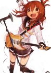  1girl absurdres arms_up bangs black_legwear black_sailor_collar black_skirt blush brown_hair eyebrows_visible_through_hair folded_ponytail guitar hair_between_eyes highres holding holding_instrument inazuma_(kantai_collection) instrument kaamin_(mariarose753) kantai_collection long_sleeves microphone microphone_stand open_mouth pleated_skirt ponytail sailor_collar school_uniform serafuku simple_background skirt solo thigh-highs white_background yellow_eyes yellow_neckwear 