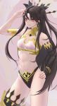  1girl absurdres armlet asymmetrical_legwear asymmetrical_sleeves bangs bare_shoulders black_hair blush breasts character_name commentary crown detached_collar earrings fate/grand_order fate_(series) hair_ribbon highres hoop_earrings ishtar_(fate)_(all) ishtar_(fate/grand_order) jewelry long_hair looking_at_viewer medium_breasts navel neck_ring parted_bangs red_eyes ribbon single_thighhigh smile solo tenpai thigh-highs two_side_up 