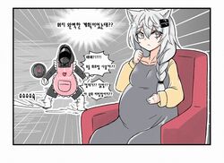  1boy 1girl animal_ears apron arknights braid couch doctor_(arknights) dress english_text frying_pan gomlang_(kne4799) korean_commentary korean_text lappland_(arknights) long_hair on_couch pink_apron pregnant red_dress shirt sitting wolf_ears yellow_shirt 