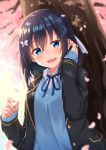  1girl :d bangs black_hair black_jacket blue_eyes blue_ribbon blue_sweater blurry blurry_background blush breasts butterfly_hair_ornament cherry_blossoms collared_shirt commentary_request depth_of_field eyebrows_visible_through_hair flower hair_between_eyes hair_ornament hair_ribbon hand_in_hair hand_up highres jacket komori_kuzuyu lap_pillow long_sleeves looking_at_viewer neck_ribbon open_clothes open_jacket open_mouth original petals pink_flower pov ribbon rivier_(kuzuyu) shirt sleeves_past_wrists small_breasts smile solo sweater tree white_ribbon white_shirt 