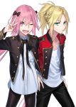  1boy 1girl astolfo_(fate) bangs black_bow black_jacket black_pants blonde_hair bow braid breasts closed_mouth crossdressing fang fate/apocrypha fate_(series) french_braid green_eyes jacket long_hair long_sleeves looking_at_viewer mordred_(fate) mordred_(fate)_(all) multicolored_hair nakuta one_eye_closed open_mouth otoko_no_ko pants pink_hair ponytail red_jacket shirt sidelocks simple_background small_breasts smile streaked_hair tomboy violet_eyes white_background white_hair white_shirt 