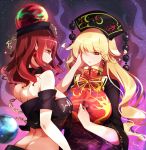  2girls aura bangs bare_shoulders black_choker black_dress black_shirt blonde_hair breasts butt_crack chain choker clothes_writing commentary crop_top dress earrings earth_(ornament) english_commentary eyebrows_visible_through_hair hand_in_hair hand_up headdress hecatia_lapislazuli highres jewelry junko_(touhou) large_breasts long_hair looking_at_another midriff multiple_girls no_nose off-shoulder_shirt off_shoulder pointy_ears polos_crown profile raptor7 red_eyes redhead shirt short_sleeves t-shirt tabard tassel touhou upper_body 