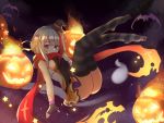  1girl admiral_graf_spee_(azur_lane) alternate_costume azur_lane blue_eyes blush breasts eyebrows_visible_through_hair halloween halloween_costume hat highres jack-o&#039;-lantern looking_at_viewer miniskirt multicolored_hair night night_sky open_mouth pumpkin qi_ye_shao_yan redhead scarf short_hair sidelocks silver_hair skirt sky streaked_hair striped striped_legwear thigh-highs witch_hat 