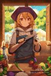  1girl alex_(dragalia_lost) apron artist_name bangs black_apron blonde_hair bottle brown_eyes carrot commentary cucumber cutting_board day dragalia_lost english_commentary eyebrows_visible_through_hair food fruit hair_between_eyes hentaki highres holding holding_knife hood hood_down hoodie indoors knife lemon pot short_sleeves solo spring_onion standing tomato upper_body watermark web_address white_hoodie 