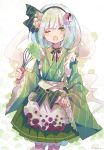  1girl apron bangs black_hairband blunt_bangs blush bob_cut bow bowtie cooking cowboy_shot eyebrows_visible_through_hair frilled_skirt frills green_eyes green_kimono green_neckwear green_ribbon green_skirt hairband highres hitodama japanese_clothes kimono konpaku_youmu konpaku_youmu_(ghost) one_eye_closed open_mouth pleated_skirt ribbon short_hair silver_hair skirt touhou umemaro_(siona0908) waist_apron white_hair 