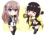  &gt;_&lt; 2girls bangs beige_background black_gloves black_hair black_jacket black_legwear black_neckwear blue_eyes blush brown_hair brown_shirt chibi clenched_hand closed_eyes closed_mouth collared_shirt commission dress eyebrows_visible_through_hair girls_frontline gloves hair_between_eyes hair_ornament jacket kneehighs long_hair long_sleeves looking_at_viewer low_twintails megaphone multicolored_hair multiple_girls one_side_up open_clothes open_jacket open_mouth outstretched_arm purple_hair ro635_(girls_frontline) rynzfrancis shirt single_kneehigh single_thighhigh st_ar-15_(girls_frontline) streaked_hair thigh-highs thigh_strap twintails twitter_username two-tone_background v-shaped_eyebrows very_long_hair watermark wavy_mouth white_background white_dress white_hair yellow_jacket 