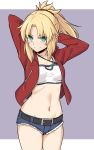  1girl bangs blonde_hair blush braid breasts denim denim_shorts eyebrows_visible_through_hair fate/grand_order fate_(series) green_eyes hair_ornament hair_scrunchie jacket jewelry long_hair looking_at_viewer mordred_(fate) mordred_(fate)_(all) navel necklace ponytail red_jacket red_scrunchie scrunchie shiseki_hirame short_shorts shorts simple_background small_breasts smile solo 
