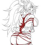  1girl baiken bb_(baalbuddy) big_hair bound bound_wrists breasts cowboy_shot eyepatch facial_mark from_behind guilty_gear guilty_gear_xrd highres huge_breasts looking_at_viewer looking_back monochrome one_eye_covered parted_lips ponytail red_theme shibari shibari_under_clothes simple_background solo standing tassel white_background 
