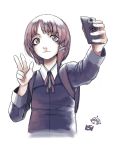  1girl asymmetrical_hair bangs brown_eyes brown_hair cellphone closed_mouth hair_ornament hairclip hand_gesture iwakura_lain kiririn51 phone school_uniform serial_experiments_lain short_hair simple_background smartphone smartphone_case solo v 