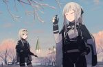  2girls ak-12_(girls_frontline) an-94_(girls_frontline) assault_rifle bangs black_gloves blue_eyes blue_sky braid branch building cape closed_eyes closed_mouth commentary_request eyebrows_visible_through_hair fence french_braid girls_frontline gloves gun hair_ribbon hand_on_hip hand_up headband highres hinami047 holding holding_gun holding_weapon long_hair looking_at_another multiple_girls outdoors partly_fingerless_gloves platinum_blonde_hair ribbon rifle sidelocks silver_hair sky smile tactical_clothes tree weapon 