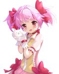 1girl blush bow choker commentary_request crossover gloves hair_bow highres kaname_madoka magical_girl mahou_shoujo_madoka_magica nekopurin_(nyanko_prin) nyanko_daisensou open_mouth pink_bow pink_hair red_choker red_eyes short_hair short_twintails simple_background smile twintails upper_body white_background white_gloves 
