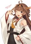  1girl ahoge bangs breasts brown_hair dated detached_sleeves double_bun eyebrows_visible_through_hair hairband headgear japanese_clothes kantai_collection kongou_(kantai_collection) long_hair nontraditional_miko one_eye_closed open_mouth ribbon-trimmed_sleeves ribbon_trim shiozaki_zoe simple_background solo twitter_username v violet_eyes white_background 