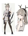  1girl absurdres antlers arknights bangs black_legwear bow_(weapon) breasts crossbow crossbow_bolts deer_antlers deer_girl eyebrows_visible_through_hair finger_to_chin firewatch_(arknights) from_side full_body garter_straps grey_eyes grey_hair hair_between_eyes highres holding holding_weapon jewelry long_hair looking_at_viewer mango_(mgo) multiple_views necklace ponytail see-through_sleeves serious shoes sidelocks simple_background small_breasts sneakers tank_top thigh-highs upper_body v-shaped_eyebrows weapon white_background 