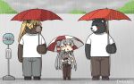  1girl 3others abukuma_(kantai_collection) alternate_costume amatsukaze_(kantai_collection) animalization bear brown_eyes brown_pants clouds cloudy_sky commentary_request dated facing_viewer fence full_body grey_pants grey_sky hair_tubes hamu_koutarou hat highres kantai_collection kumano_(kantai_collection) long_hair mini_hat multiple_others pants rain red_umbrella rensouhou-kun shirt sign silver_hair sky smokestack_hair_ornament standing t-shirt track_pants two_side_up umbrella white_shirt windsock 