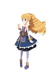  1girl archer_(disgaea) backless_dress backless_outfit bare_shoulders belt blonde_hair blue_eyes detached_sleeves disgaea disgaea_rpg dress drill_hair eyebrows_visible_through_hair flat_chest forearm_at_chest full_body grey_legwear long_hair official_art open_mouth pantyhose pointy_ears simple_background solo strapless strapless_dress twintails white_background 