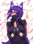  1girl absurdly_long_hair ahoge animal_ears artist_name black_gloves borrowed_character breasts closed_eyes commission cosplay dated fingerless_gloves gloves happy hatake_kakashi hatake_kakashi_(cosplay) highres hoipus large_breasts long_hair long_sleeves looking_at_viewer naruto_(series) original purple_hair signature solo tail very_long_hair wolf_ears wolf_tail 