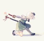  1girl black_footwear black_hair black_ribbon blue_eyes flower from_side full_body green_skirt green_vest hair_ribbon holding holding_sword holding_weapon katana konpaku_youmu long_sleeves mary_janes one_knee ribbon shirt shoes short_hair skirt socks solo sword touhou vest weapon white_background white_hair white_legwear white_shirt yujup 