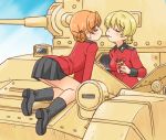  2girls all_fours arm_support bangs black_bow black_footwear black_skirt blonde_hair blue_sky boots bow braid churchill_(tank) closed_eyes closed_mouth clouds cloudy_sky commentary darjeeling_(girls_und_panzer) day epaulettes eyebrows_visible_through_hair food girls_und_panzer ground_vehicle hair_bow holding holding_food insignia jacket kneeling leaning_forward long_sleeves military military_uniform military_vehicle miniskirt motor_vehicle multiple_girls on_vehicle orange_hair orange_pekoe_(girls_und_panzer) outdoors parted_bangs pleated_skirt pocky pocky_kiss red_jacket short_hair skirt sky smile st._gloriana&#039;s_military_uniform tank tied_hair twin_braids uniform uona_telepin yuri 