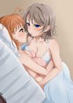  2girls ahoge bed_sheet blue_eyes blush bra breasts dutch_angle food grey_hair hair_ornament love_live! love_live!_sunshine!! lying multiple_girls on_back on_bed orange_eyes orange_hair pillow pocky pocky_kiss short_hair suzume_miku takami_chika underwear watanabe_you yuri 