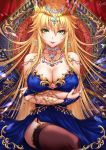  1girl artoria_pendragon_(all) bangs bare_shoulders black_legwear blonde_hair blue_dress blue_nails braid breasts commentary_request crown dress earrings eyebrows_visible_through_hair fate/grand_order fate_(series) gem green_eyes hair_ornament highres jewelry long_hair looking_at_viewer ribbon sakiyamama sitting smile solo thigh-highs very_long_hair 