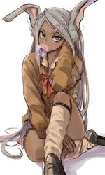  1girl animal_ears bow bowtie bubble_blowing bunny_girl chewing_gum collared_shirt grey_hair gyaru hair_ornament hairclip highres jacket kadeart kneehighs loafers long_hair looking_at_viewer loose_bowtie loose_socks original plaid plaid_skirt purple_nails rabbit_ears shirt shoes signature simple_background sitting skirt solo tan very_long_hair violet_eyes white_background 