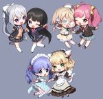  1boy 5girls :d ;d achikita_chinami ahoge animal_ears apron bangs bell black_dress black_footwear black_hair black_hairband black_jacket blazer blonde_hair blue_eyes blue_hair blue_skirt blush bow brown_cardigan brown_shirt brown_skirt cardigan cat_ears cat_tail chibi collared_shirt dress eyebrows_visible_through_hair flower frilled_apron frilled_hairband frills glasses green_eyes grey_background hair_bell hair_between_eyes hair_bow hair_ornament hairband hairclip hat high-waist_skirt higuchi_kaede holding_hands jacket jingle_bell juliet_sleeves kneehighs light_brown_hair long_hair long_sleeves looking_at_viewer mini_hat mismatched_legwear multiple_girls neck_ribbon necktie nijisanji one_eye_closed open_blazer open_clothes open_jacket open_mouth outstretched_arm pink_hair plaid plaid_skirt pleated_skirt ponytail puffy_short_sleeves puffy_sleeves purple_flower purple_neckwear red_ribbon ribbon shirt short_sleeves silver_hair simple_background single_kneehigh single_thighhigh skirt smile socks striped striped_legwear suzuya_aki tail thigh-highs tsukino_mito twintails v v-shaped_eyebrows very_long_hair violet_eyes virtual_youtuber white_apron white_bow white_headwear white_legwear white_shirt yaguruma_rine yamabukiiro yellow_bow yuuki_chihiro 