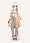  1girl alternate_costume alternate_hair_color bag brown_coat brown_eyes clothes_writing coat commentary_request dated eyebrows_visible_through_hair full_body grey_background grey_footwear grey_pants highres looking_at_viewer nagato_yuki nanabuluku open_clothes open_coat pants parted_lips pigeon-toed shirt shoes short_hair shoulder_bag signature simple_background sleeves_past_wrists solo standing suzumiya_haruhi_no_yuuutsu white_hair white_shirt 