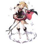 1girl ;d animal_ear_fluff animal_ears arknights arm_up bangs black_gloves black_vest blonde_hair boots cross-laced_footwear full_body gloves hair_ribbon holding huanxiang_heitu knee_boots lace-up_boots long_sleeves looking_at_viewer microphone_stand miniskirt necktie official_art one_eye_closed open_mouth pleated_skirt red_eyes red_neckwear red_ribbon red_skirt ribbon shirt short_hair skirt smile solo sora_(arknights) sparkle standing thigh-highs transparent_background twintails v vest white_footwear white_legwear white_shirt wide_sleeves wolf_ears zettai_ryouiki 