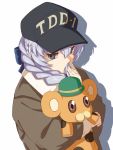  1girl absurdres baseball_cap bonta-kun bow braid braided_ponytail commentary full_metal_panic! grey_eyes grey_eyes hair_bow hat highres jacket meme_tesshin silver_hair single_braid stuffed_toy teletha_testarossa 