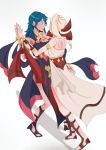  2girls absurdres alternate_costume alternate_hairstyle aqua_hair back breasts byleth_(fire_emblem) byleth_eisner_(female) dancer dancing dress edelgard_von_hresvelg fire_emblem fire_emblem:_three_houses hand_on_another&#039;s_face highres holding_hands jewelry looking_at_another multiple_girls necklace open_mouth ramyeonn sash shawl side_ponytail silver_hair simple_background yuri 