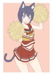  1girl :d absurdres animal_ear_fluff animal_ears animare blush border cat_ears cat_tail cheerleader contrapposto cowboy_shot donguri_suzume eyebrows_visible_through_hair highres kuroneko_nanashi looking_at_viewer navel open_mouth pink_background pleated_skirt pom_poms purple_hair red_skin red_vest simple_background skirt smile solo tail vest violet_eyes white_border 