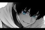 1boy arash_(fate) blue_eyes fate/prototype fate/prototype:_fragments_of_blue_and_silver fate_(series) greyscale highres hood letterboxed maki_keigo male_focus monochrome open_mouth portrait spot_color 