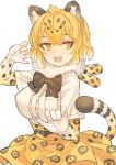  1girl animal_ears animal_print arm_up belt black_hair blonde_hair breast_pocket center_frills commentary_request elbow_gloves extra_ears eyebrows_visible_through_hair fangs frills fur_scarf gloves hair_between_eyes hand_up high-waist_skirt jaguar_(kemono_friends) jaguar_ears jaguar_print jaguar_tail kemono_friends light_smile looking_at_viewer medium_hair multicolored_hair open_mouth orange_eyes pocket pose print_gloves print_neckwear print_skirt scarf shirt short_sleeves sidelocks simple_background skirt solo tail tsukeo two-tone_hair upper_body white_background white_shirt 