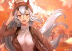  1girl :d alternate_costume autumn autumn_leaves blush breasts brown_coat casual coat commentary_request contemporary fate/grand_order fate_(series) hand_on_headwear hat highres horns_through_headwear large_breasts leaf long_hair looking_at_viewer maple_leaf oni_horns open_mouth red_eyes red_headwear scale_(winston98) silver_hair smile solo sweater sweater_under_jacket tomoe_gozen_(fate/grand_order) turtleneck turtleneck_sweater upper_body very_long_hair white_sweater 