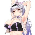  1girl blush breasts closers hair_between_eyes hairband highres large_breasts long_hair looking_at_viewer midriff mirae_(closers) red_eyes silver_hair simple_background skulllee solo white_background 