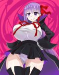  1girl bangs bb_(fate)_(all) bb_(fate/extra_ccc) black_coat black_footwear blush boots breasts coat fate/extra fate/extra_ccc fate_(series) gloves grin hair_ribbon hands_on_hips high-waist_skirt huge_breasts leotard long_hair long_sleeves looking_at_viewer neck_ribbon open_clothes open_coat oro_(zetsubou_girl) pink_background popped_collar purple_hair red_ribbon ribbon skirt smile solo thigh-highs thigh_boots thighs upskirt very_long_hair violet_eyes white_gloves white_leotard wide_sleeves 