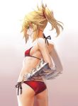  1girl absurdres ass back bangs bikini blonde_hair blush braid breasts fate/grand_order fate_(series) french_braid gauntlets gradient gradient_background green_eyes grin hair_ornament hair_scrunchie hands_on_hips highres long_hair mordred_(fate)_(all) mordred_(swimsuit_rider)_(fate) ponytail red_bikini red_scrunchie scrunchie sidelocks small_breasts smile solo swimsuit thighs tonee 