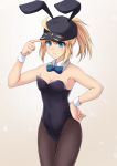  1girl ahoge animal_ears artoria_pendragon_(all) bare_shoulders black_leotard blonde_hair blue_eyes bow bowtie breasts bunny_girl bunnysuit commentary_request cross_(crossryou) detached_collar fate/grand_order fate_(series) fishnet_legwear fishnets frown hand_on_hip hat highres leotard mysterious_heroine_x peaked_cap ponytail rabbit_ears sidelocks simple_background small_breasts solo white_background wrist_cuffs 
