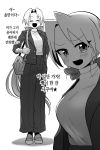  1girl ^_^ ^o^ absurdly_long_hair bag blush bow breasts closed_eyes facing_viewer fang full_body greyscale hair_bow handbag korean_text large_breasts long_hair looking_at_viewer monochrome open_mouth original ponytail smile solo translation_request very_long_hair wootsang 