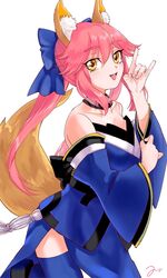  1girl animal_ear_fluff animal_ears artist_request blue_kimono blue_legwear blue_ribbon breasts collarbone eyebrows_visible_through_hair fang fate/extra fate/extra_ccc fate/grand_order fate_(series) fox_ears fox_girl fox_shadow_puppet fox_tail hair_ribbon highres japanese_clothes kimono large_breasts open_mouth pink_hair ribbon simple_background solo tail tamamo_(fate)_(all) tamamo_no_mae_(fate) white_background yellow_eyes 