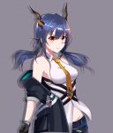  1girl arknights bangs bare_shoulders black_gloves black_jacket blue_hair blush breasts ch&#039;en_(arknights) commentary_request dragon_horns drop_shadow eyebrows_visible_through_hair gloves grey_background groin hair_between_eyes highres horns jacket long_hair looking_at_viewer low_twintails maxwelzy medium_breasts necktie off_shoulder open_clothes open_jacket red_eyes shirt sidelocks simple_background sleeveless sleeveless_shirt solo twintails upper_body white_shirt wing_collar yellow_neckwear 