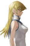  1girl blonde_hair breasts closed_mouth hair_between_eyes long_hair looking_at_viewer looking_to_the_side medium_breasts profile rourou_ill shiny shiny_hair shirt simple_background sleeveless sleeveless_shirt smile solo straight_hair tenjouin_asuka upper_body white_background white_shirt yellow_eyes yuu-gi-ou yuu-gi-ou_gx 