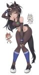  3girls :d animal_ears arm_up bangs bare_shoulders black_hair braid bridle brown_eyes brown_hair brown_sports_bra brown_thoroughbred_(kemono_friends) chestnut_thoroughbred_(kemono_friends) chibi cleavage_cutout collarbone commission elbow_gloves extra_ears eyebrows_visible_through_hair fingerless_gloves full_body gloves groin hand_on_own_head hand_up high_ponytail highres horse_ears horse_girl horse_tail kemono_friends knees_together_feet_apart leaning_forward logo long_hair looking_at_another looking_at_viewer midriff multicolored_hair multiple_girls navel open_mouth pants shoes shorts sidelocks smile solo_focus sports_bra sportswear standing stomach swept_bangs tail tight tight_pants triangle_mouth twin_braids two-tone_hair unadare v-shaped_eyebrows white_hair white_thoroughbred_(kemono_friends) 