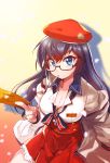  beret black_hair blue_eyes breasts candy copyright_request counter_side food glasses hat highres jacket large_breasts lin_xien lollipop long_hair school_uniform 