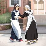  apron balancing blonde_hair brown_footwear brown_hair hand_on_another&#039;s_arm holding_on maid maid_apron maid_dress maid_headdress original outdoors red_footwear shoes skateboard sneakers suzushiro_(suzushiro333) 